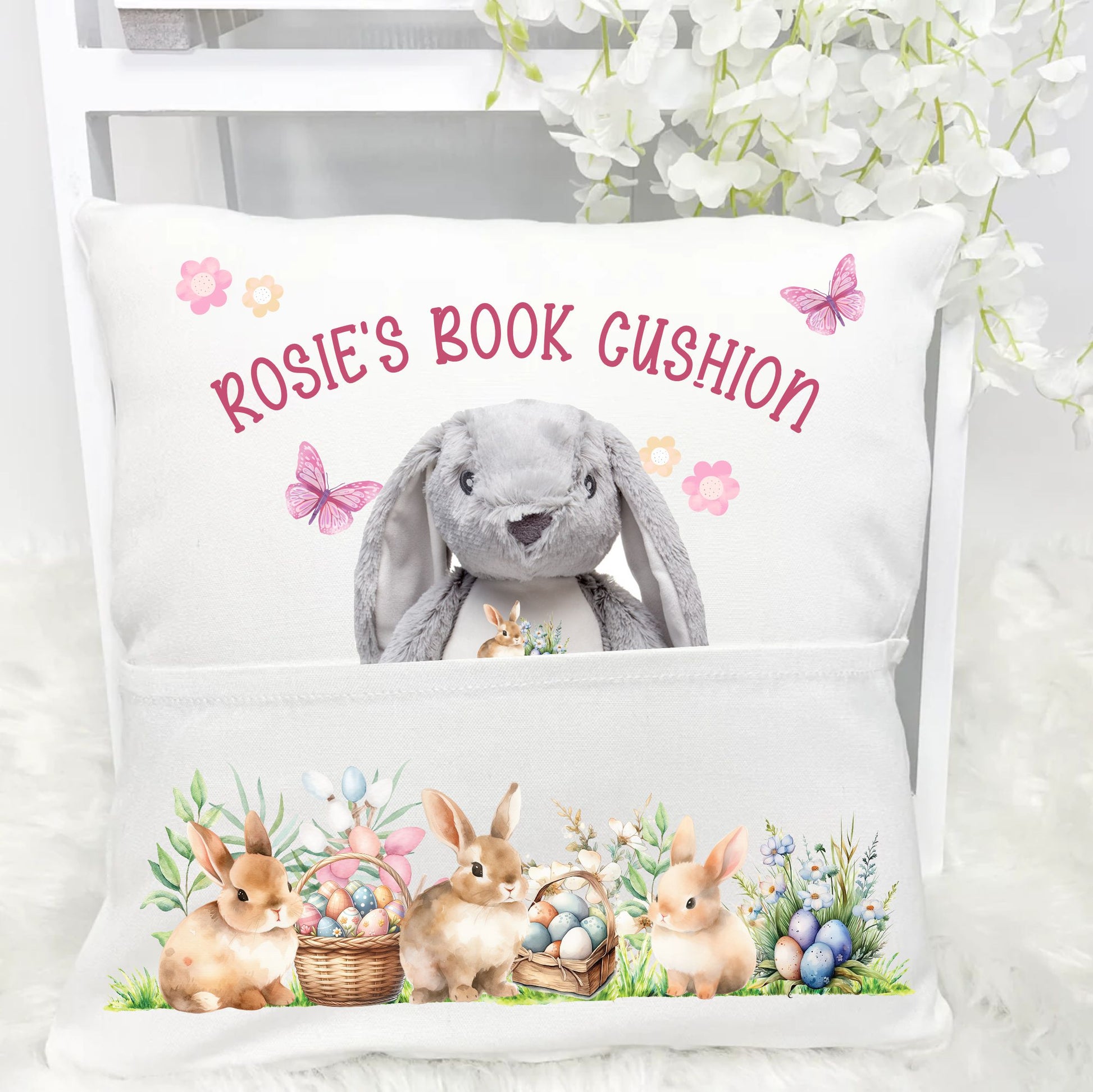 personalised white pillow for easter with a rabbit soft toy