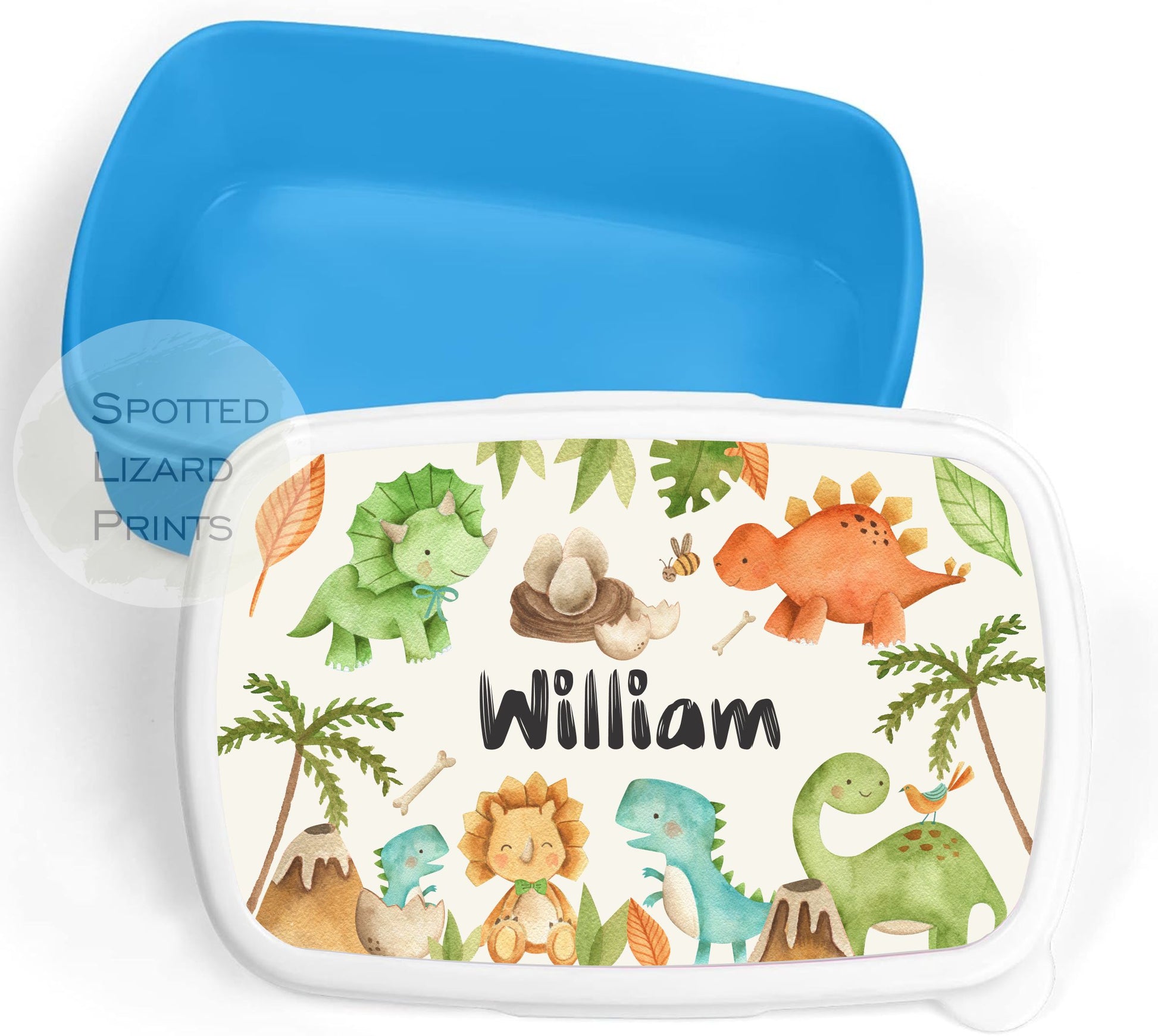 Blue Boys lunch Box. Dinosaurs. Personalised with a name.