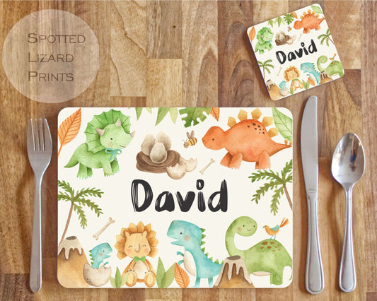 Personalised Dinosaur Placemat and Coaster Set, Kid's Dinner Set, Dinosaurs gift, Children's Birthday Gift, Dinosaurs Placemat