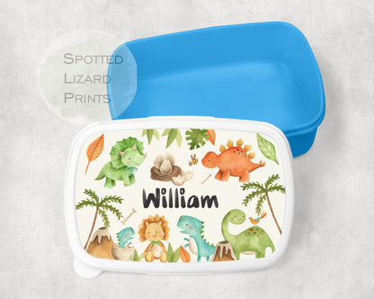 Blue Boys lunch Box. Dinosaurs. Personalised with a name.