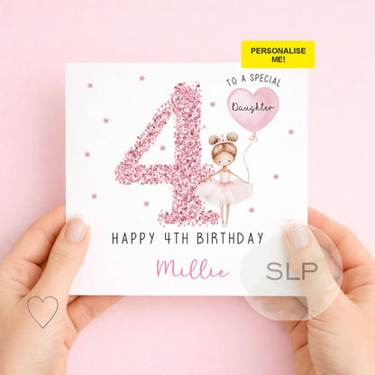 Personalised pink ballerina birthday card for girls with custom name, age and relationship. Perfect for a daughter, granddaughter, niece or little dancer.