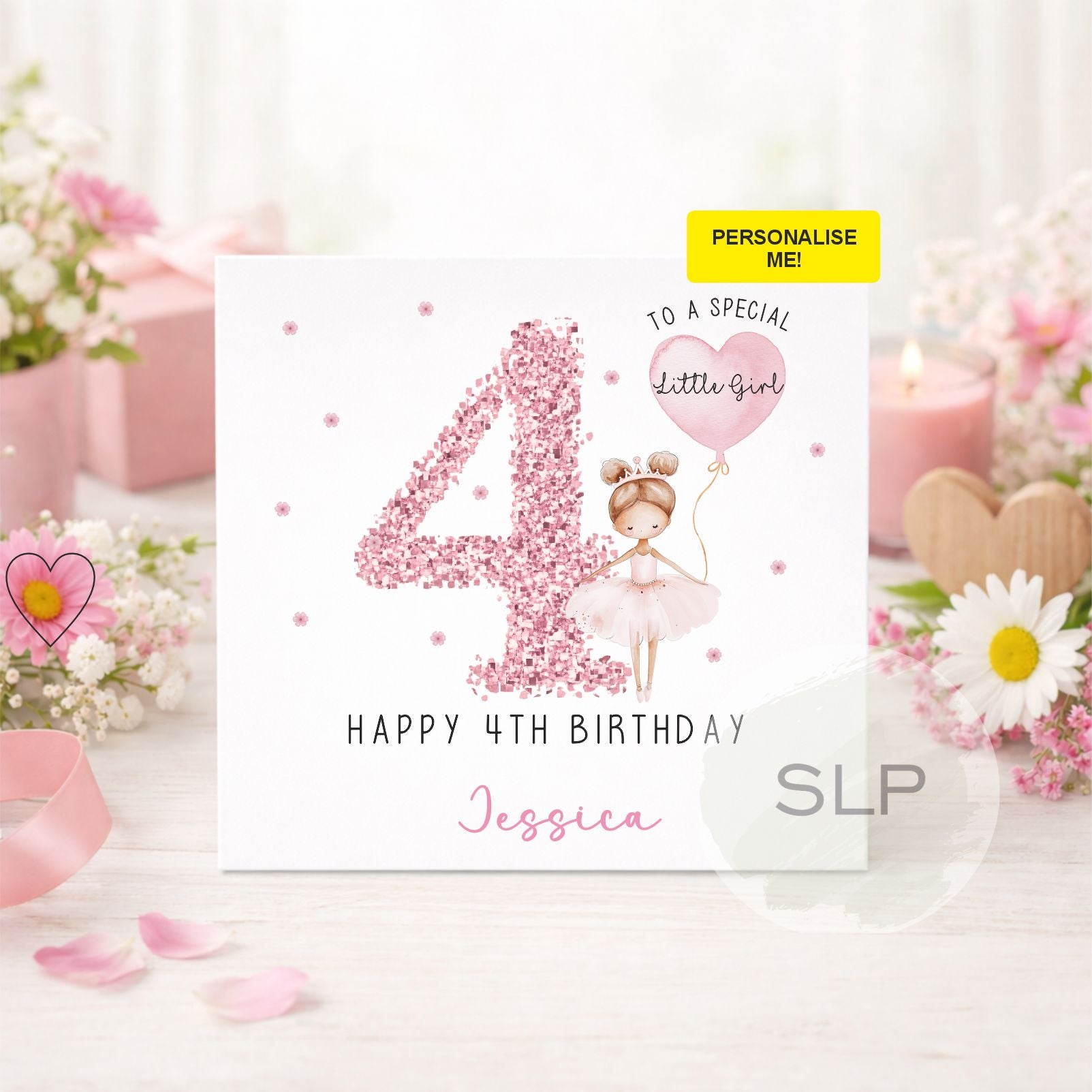 Personalised pink ballerina birthday card for girls with custom name, age and relationship. Perfect for a daughter, granddaughter, niece or little dancer.