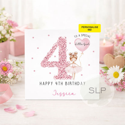Personalised pink ballerina birthday card for girls with custom name, age and relationship. Perfect for a daughter, granddaughter, niece or little dancer.