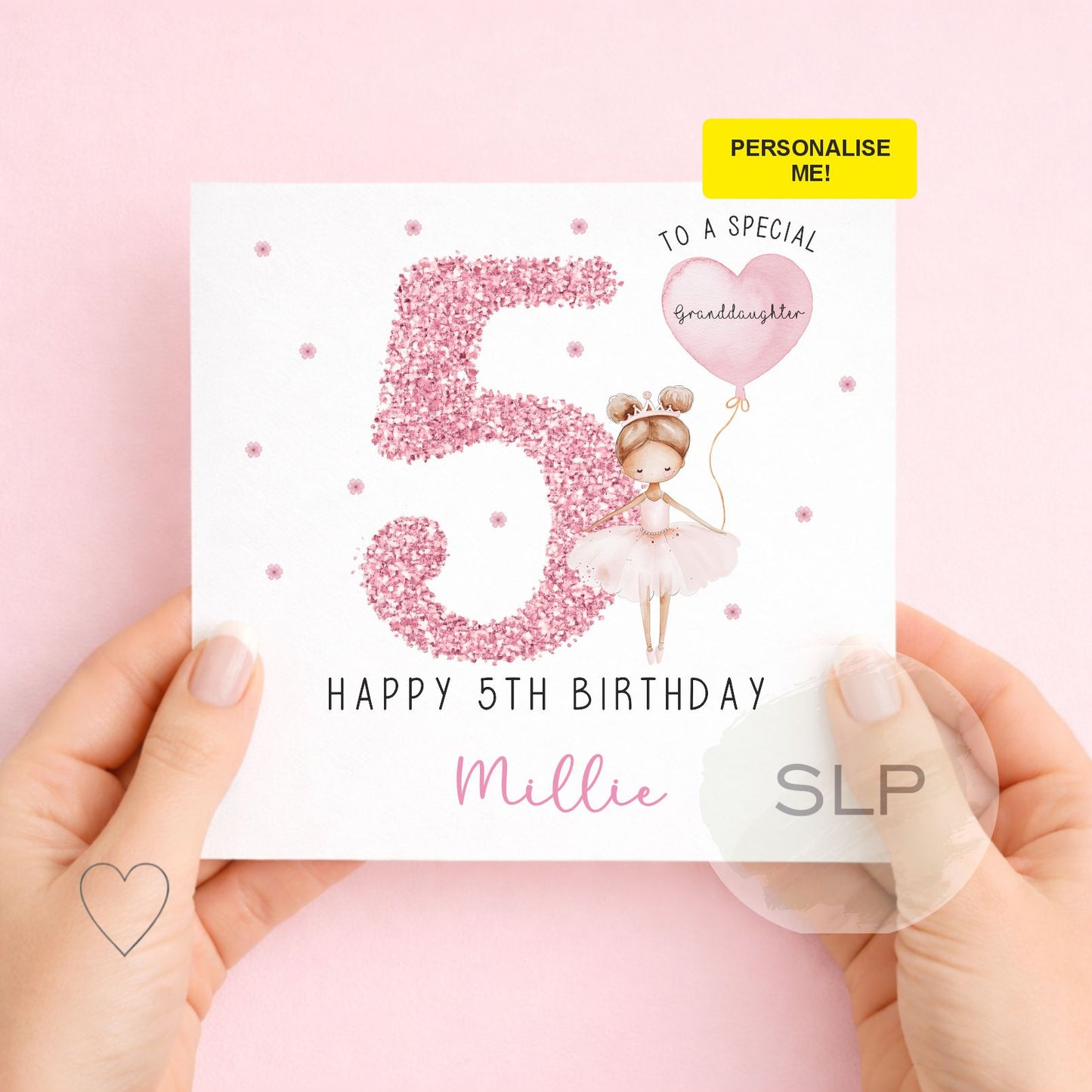 Personalised pink ballerina birthday card for girls with custom name, age and relationship. Perfect for a daughter, granddaughter, niece or little dancer.