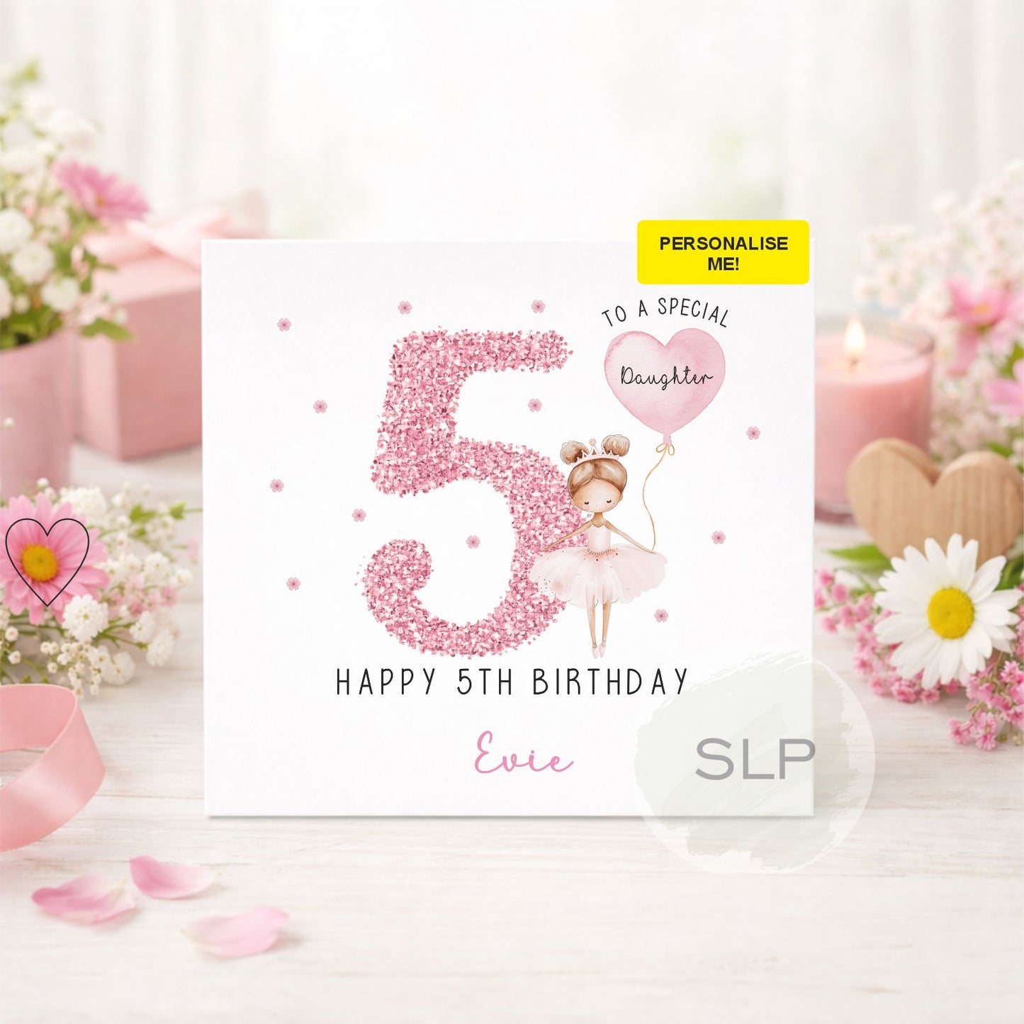 Personalised pink ballerina birthday card for girls with custom name, age and relationship. Perfect for a daughter, granddaughter, niece or little dancer.