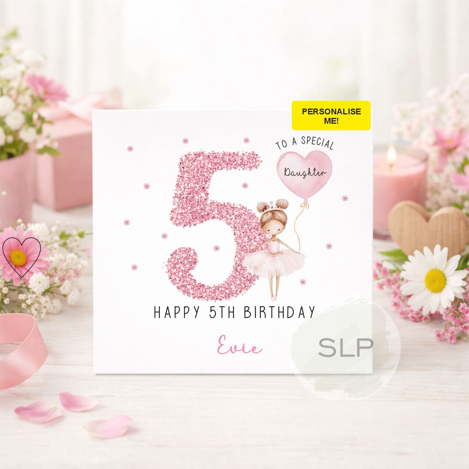 Personalised pink ballerina birthday card for girls with custom name, age and relationship. Perfect for a daughter, granddaughter, niece or little dancer.