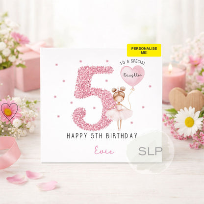 Personalised pink ballerina birthday card for girls with custom name, age and relationship. Perfect for a daughter, granddaughter, niece or little dancer.