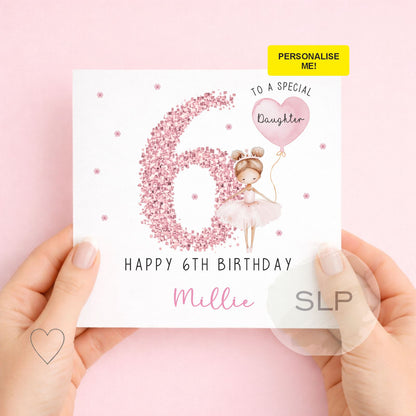 Personalised pink ballerina birthday card for girls with custom name, age and relationship. Perfect for a daughter, granddaughter, niece or little dancer.