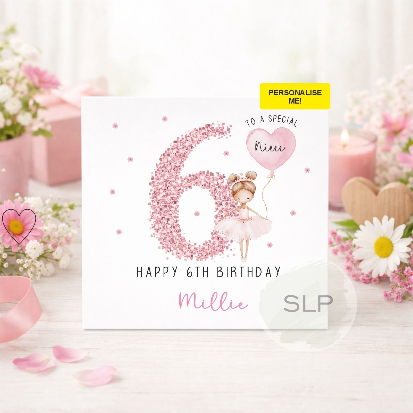 Personalised pink ballerina birthday card for girls with custom name, age and relationship. Perfect for a daughter, granddaughter, niece or little dancer.