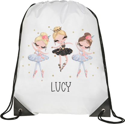 Personalised Drawstring Bag. Unique Hand printed Gifts for Children. Ballerina dance Bag