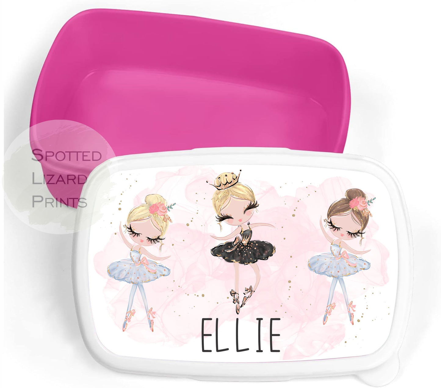 Pink Girls lunch box. Ballet. Personalised with a name.