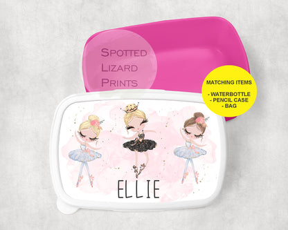 Pink Girls lunch box. Ballet. Personalised with a name.