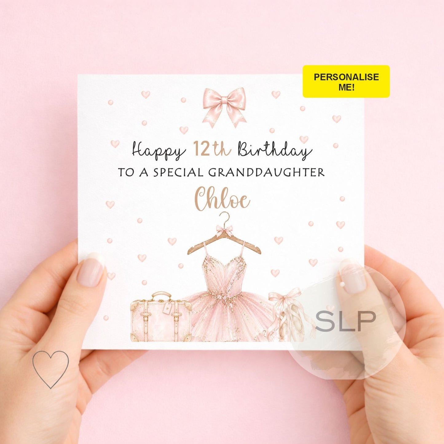 Elegant personalised ballet birthday card with custom name, age and relationship. A beautiful pink ballerina card for daughters, granddaughters and dancers.