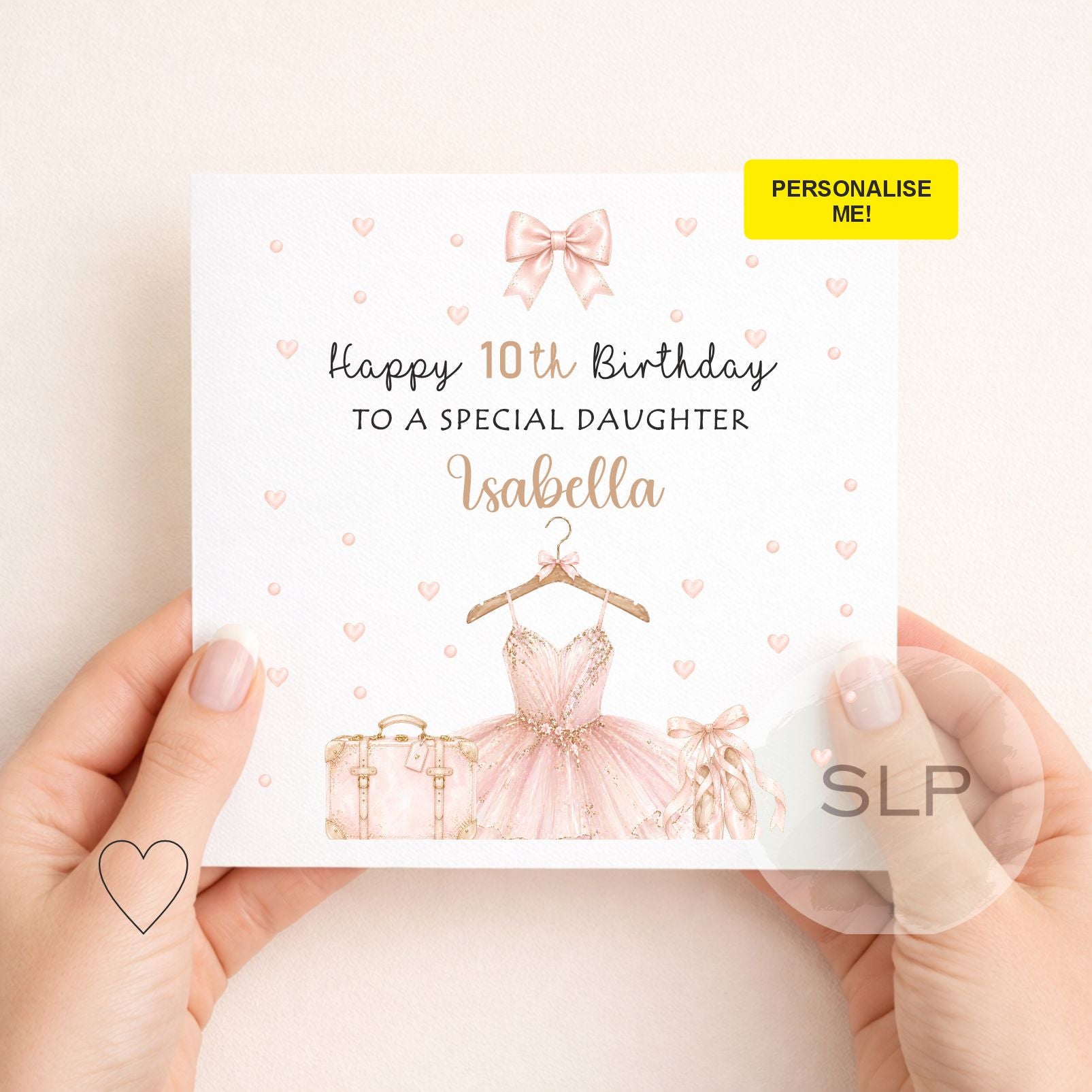 Elegant personalised ballet birthday card with custom name, age and relationship. A beautiful pink ballerina card for daughters, granddaughters and dancers.