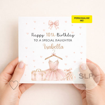 Elegant personalised ballet birthday card with custom name, age and relationship. A beautiful pink ballerina card for daughters, granddaughters and dancers.
