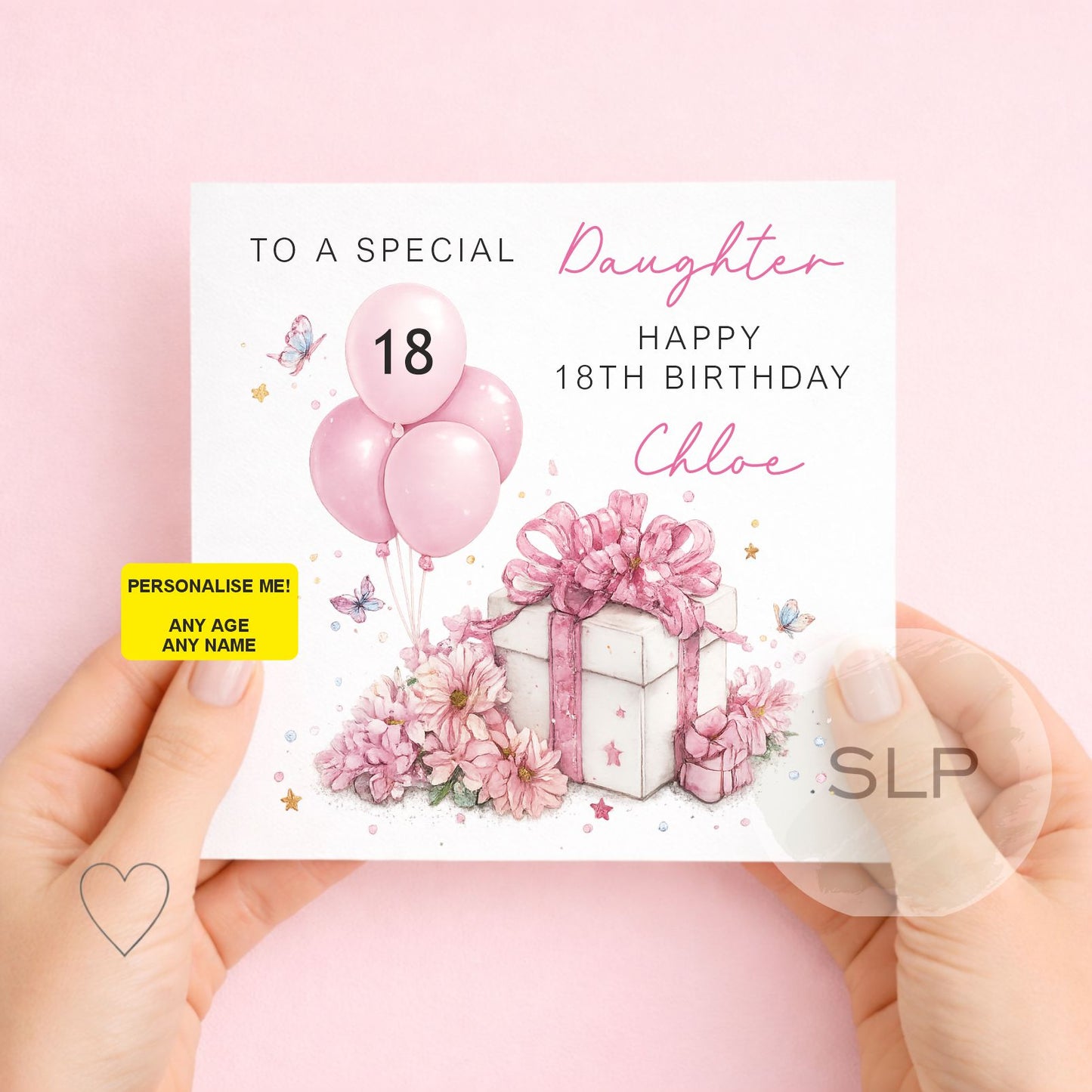 Personalised Birthday Card for Daughter or Granddaughter – Any Age Any Name – Pink Floral Gift Box Card – 18th 21st Birthday Card