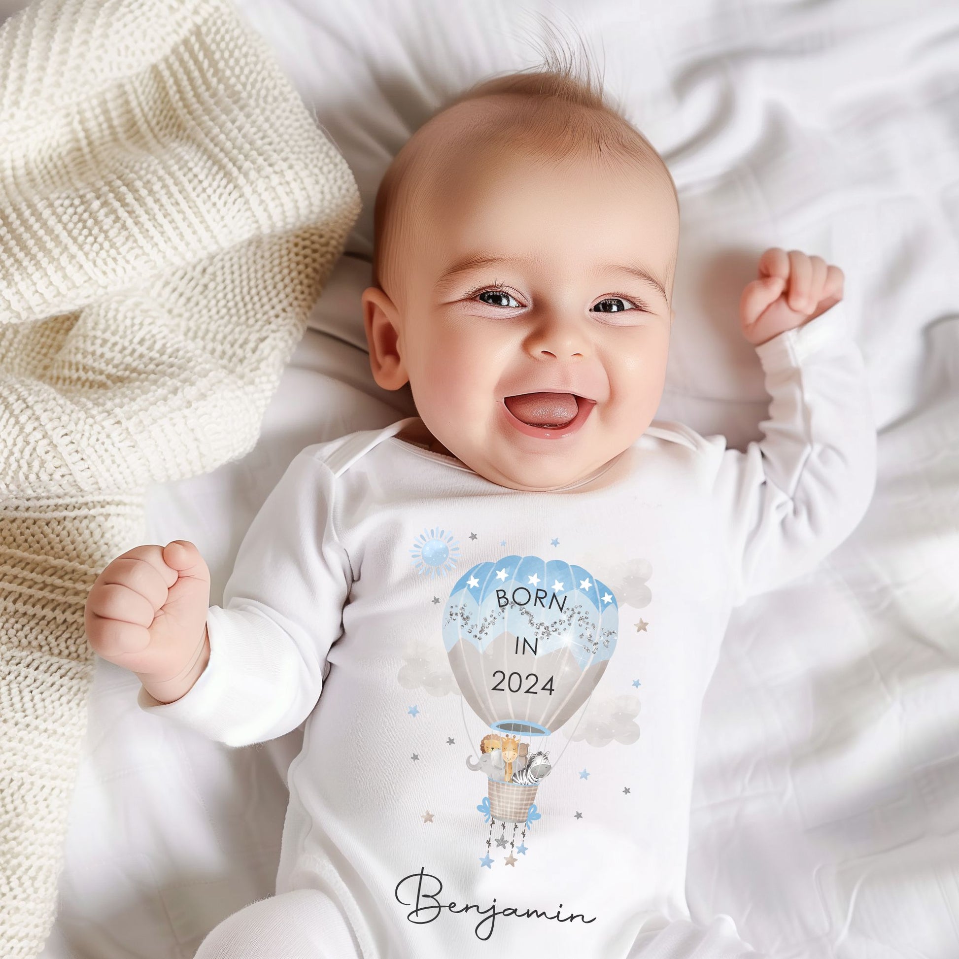 born in 2024 personalised baby clothing with hot air balloon