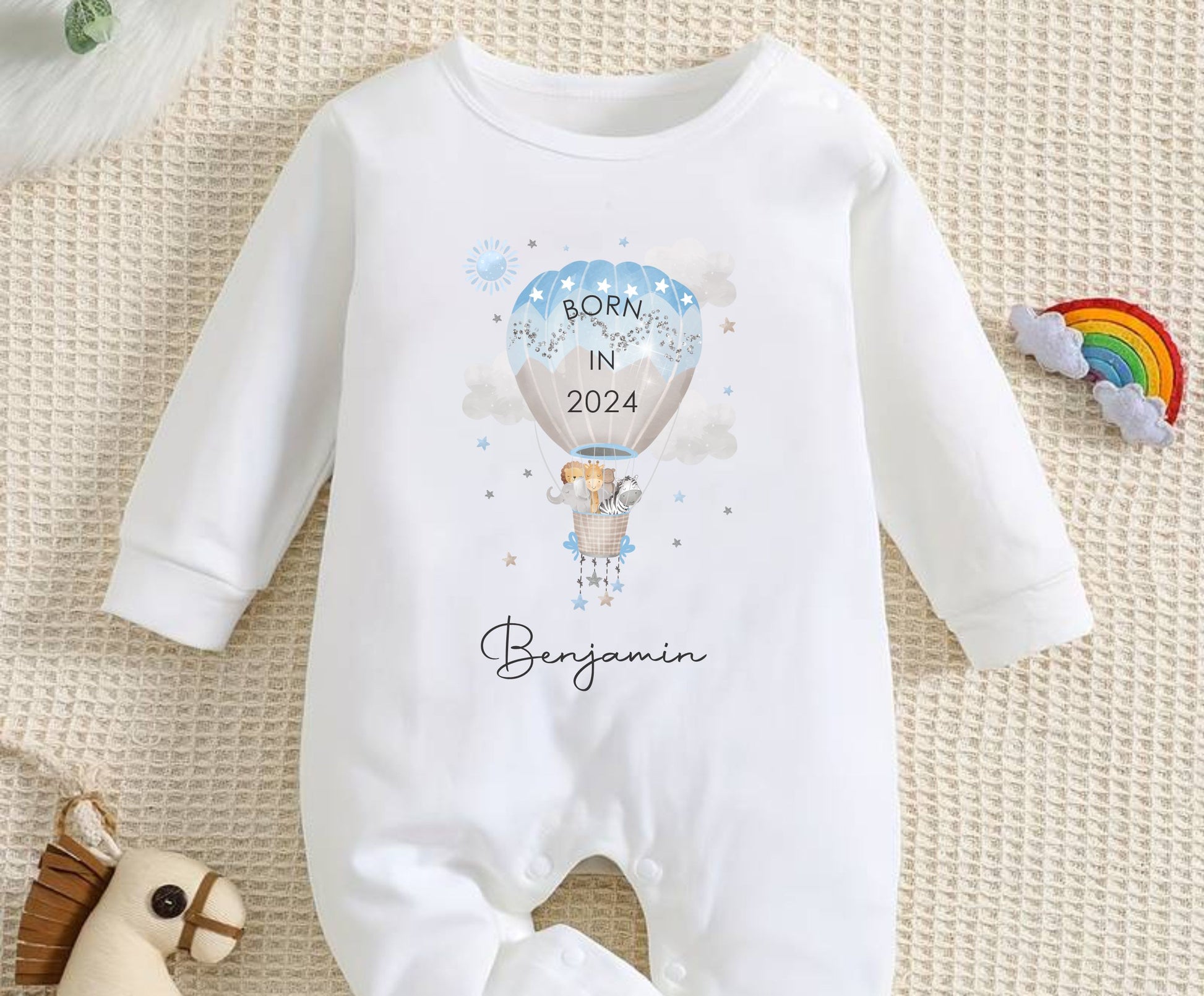 born in 2024 personalised baby clothing with hot air balloon