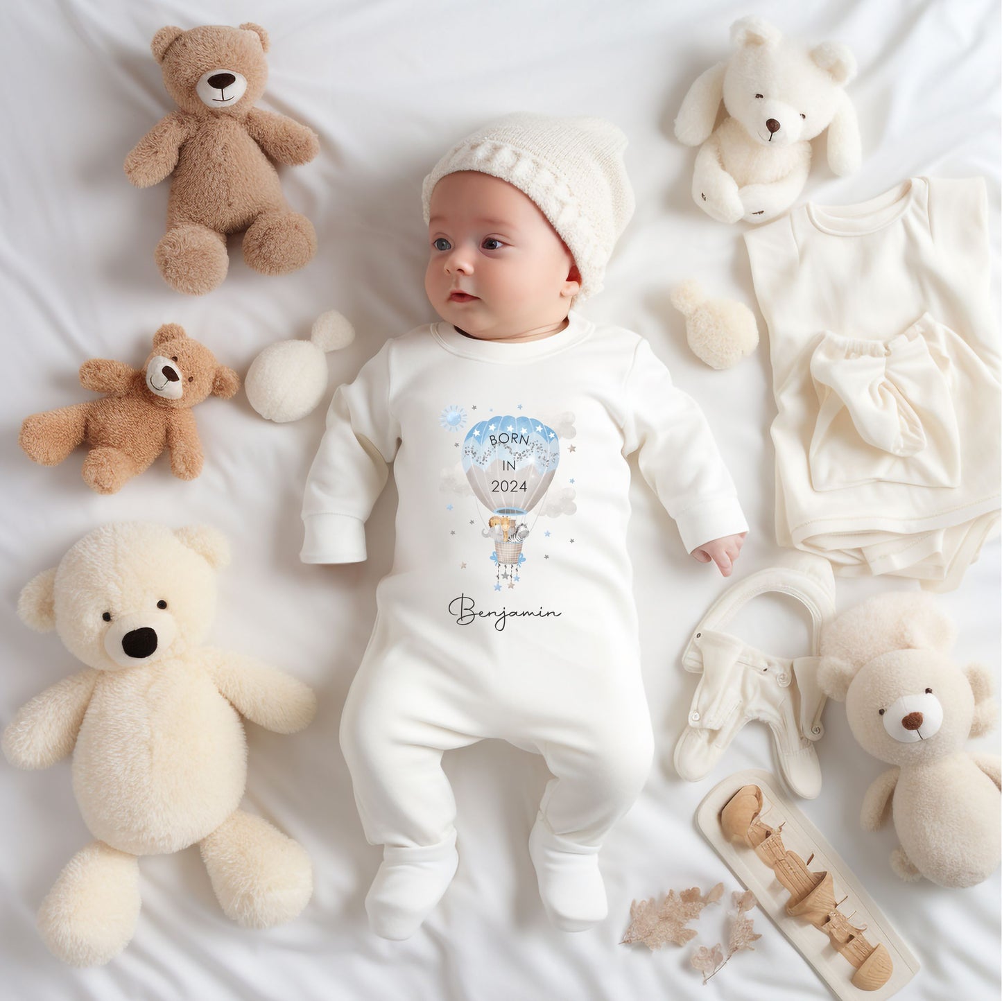 born in 2024 personalised baby clothing with hot air balloon