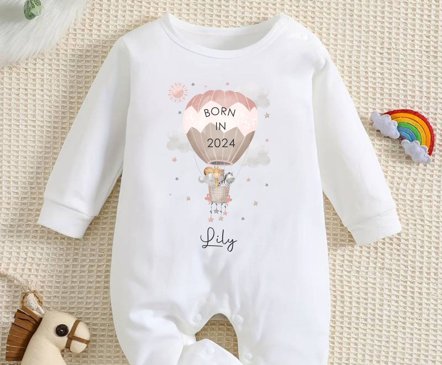 born in 2024 personalised baby romper with pink balloons