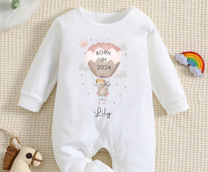 born in 2024 personalised baby romper with pink balloons