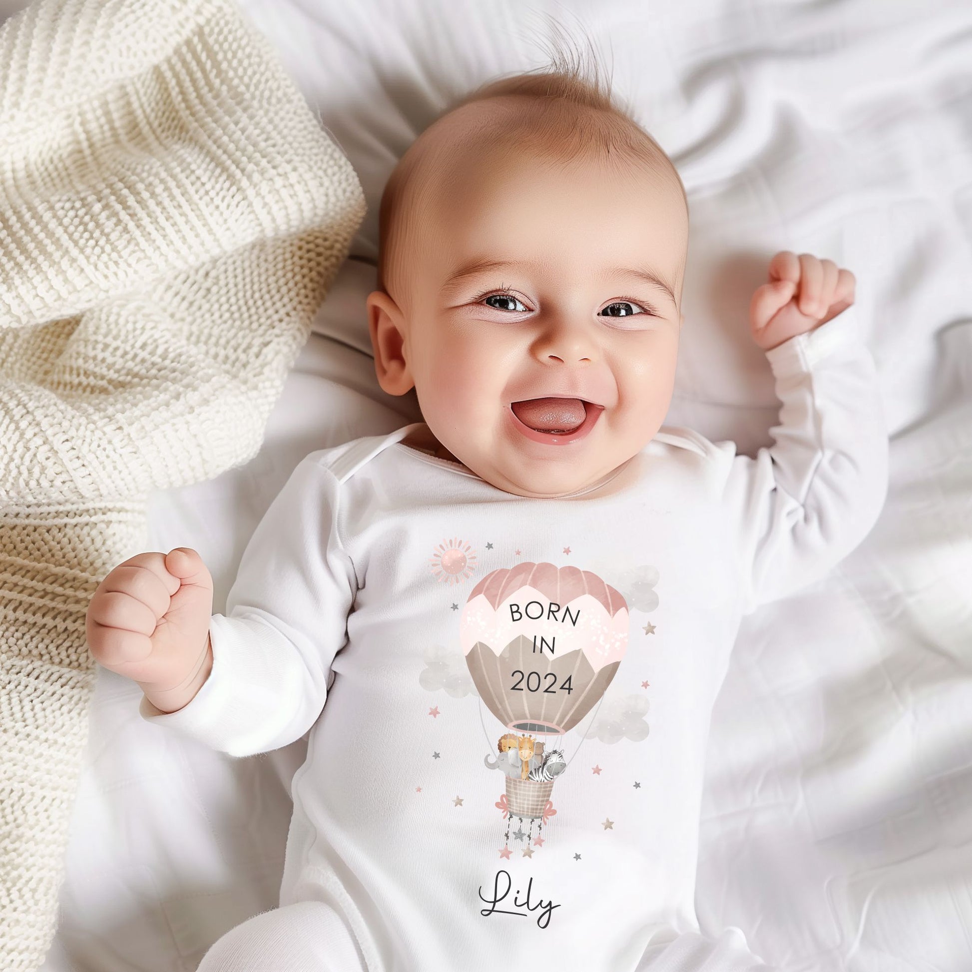 born in 2024 personalised baby romper with pink balloons