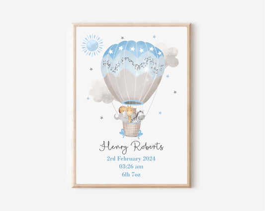 hot air balloon personalised baby nursery wall art print