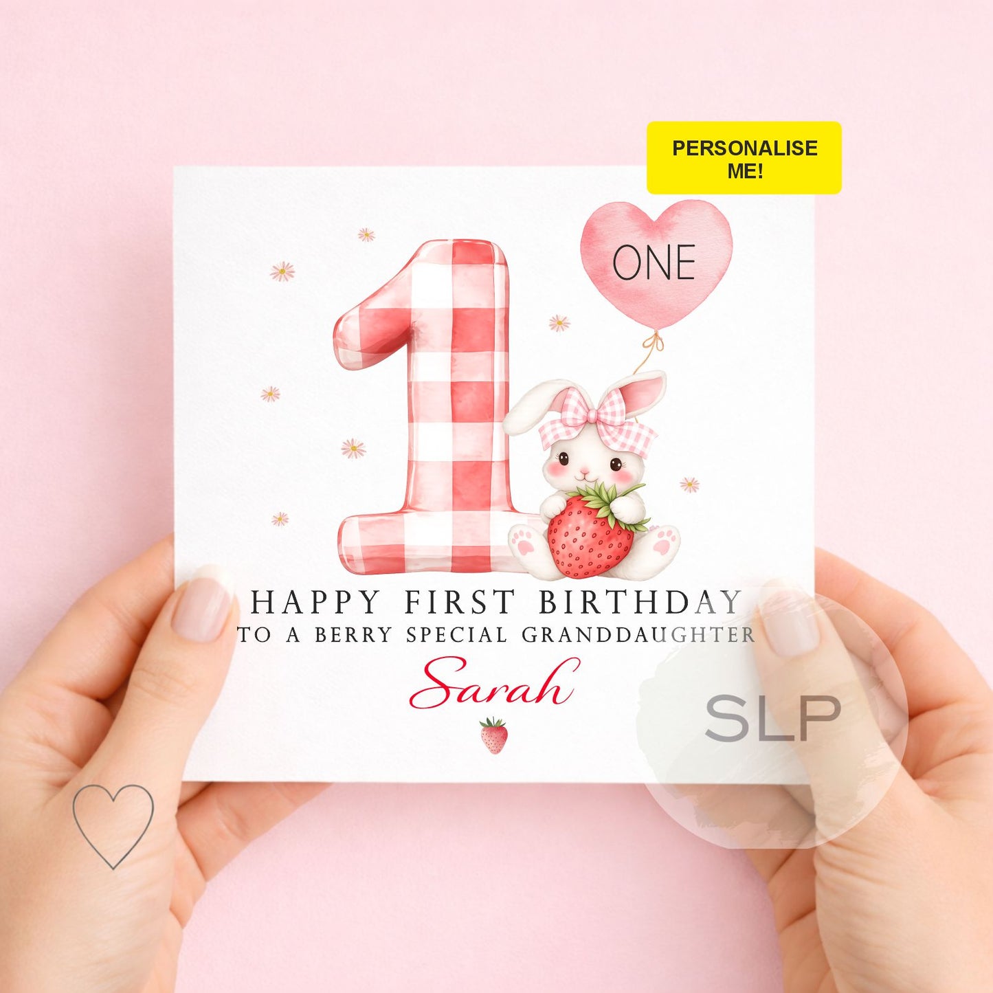 Personalised 1st birthday card featuring a cute strawberry bunny and pink gingham number one. Customise with her name and relationship for a berry special birthday.