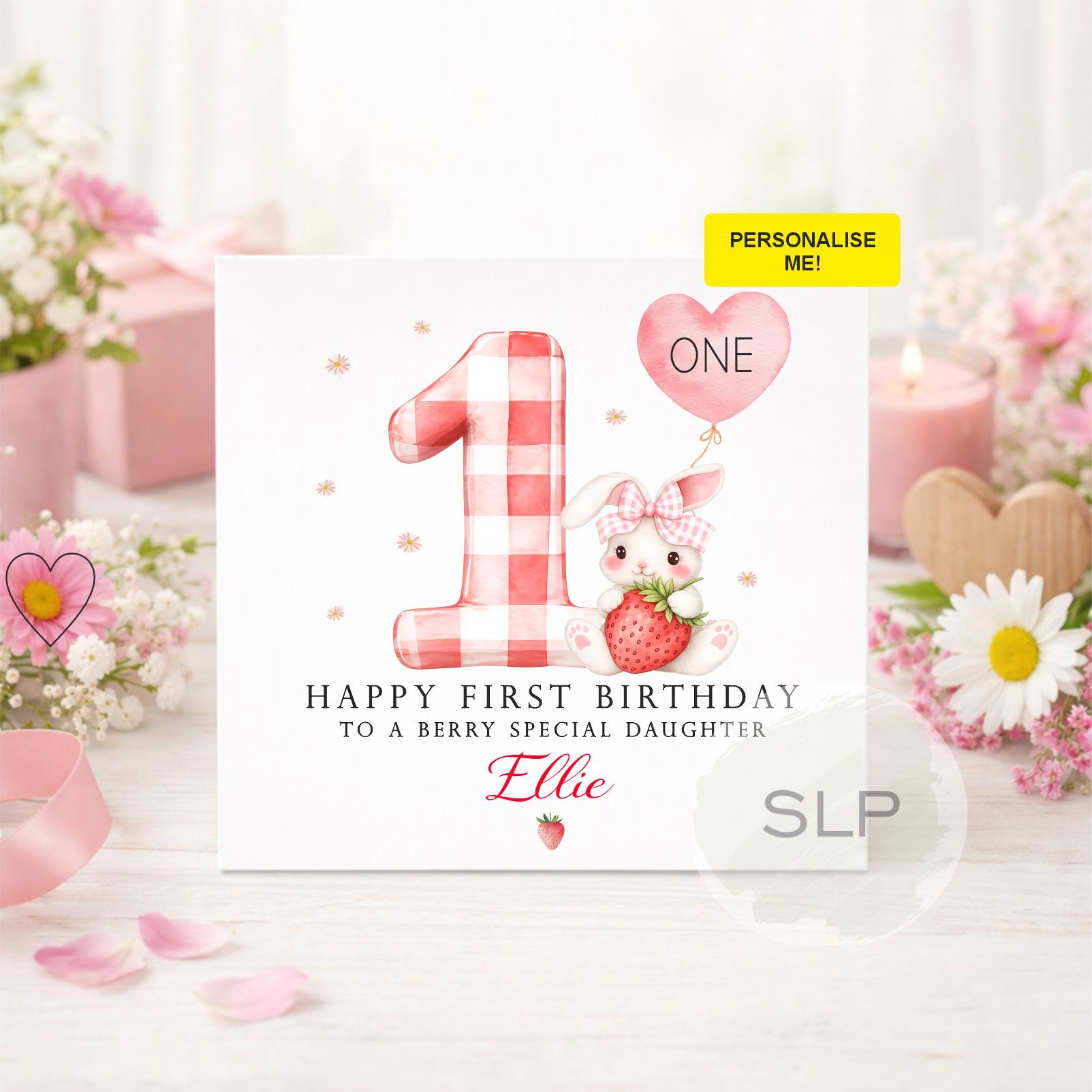 Personalised 1st birthday card featuring a cute strawberry bunny and pink gingham number one. Customise with her name and relationship for a berry special birthday.