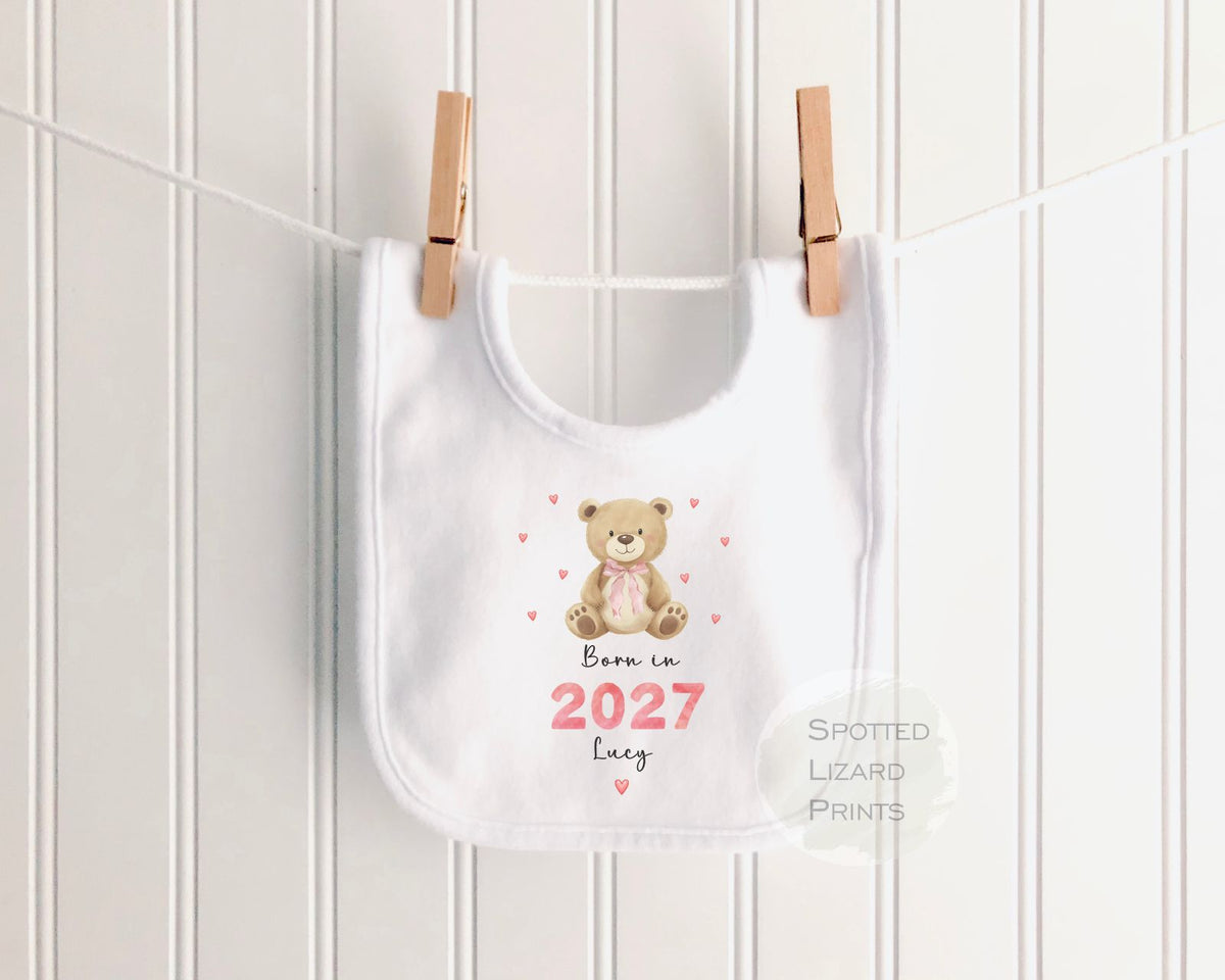 Personalised Born in 2027 Baby Girl Outfit | Teddy Bear Baby Vest, Sleepsuit or Bib | Newborn Gift | Baby Shower Gift