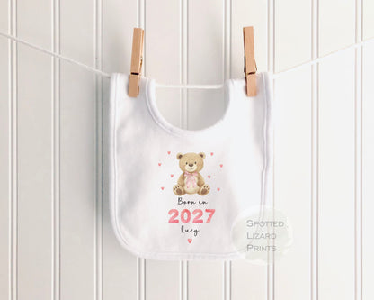 Personalised Born in 2027 Baby Girl Outfit | Teddy Bear Baby Vest, Sleepsuit or Bib | Newborn Gift | Baby Shower Gift