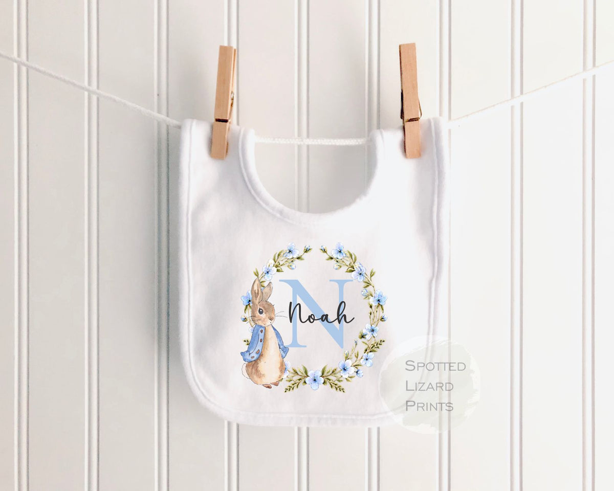 Personalised Bunny Baby Vest, Sleepsuit or Bib | Custom Baby Name & Initial | Blue Floral Rabbit | New Baby Boy Gift
