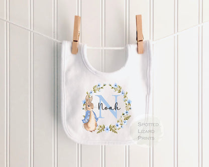 Personalised Bunny Baby Vest, Sleepsuit or Bib | Custom Baby Name & Initial | Blue Floral Rabbit | New Baby Boy Gift