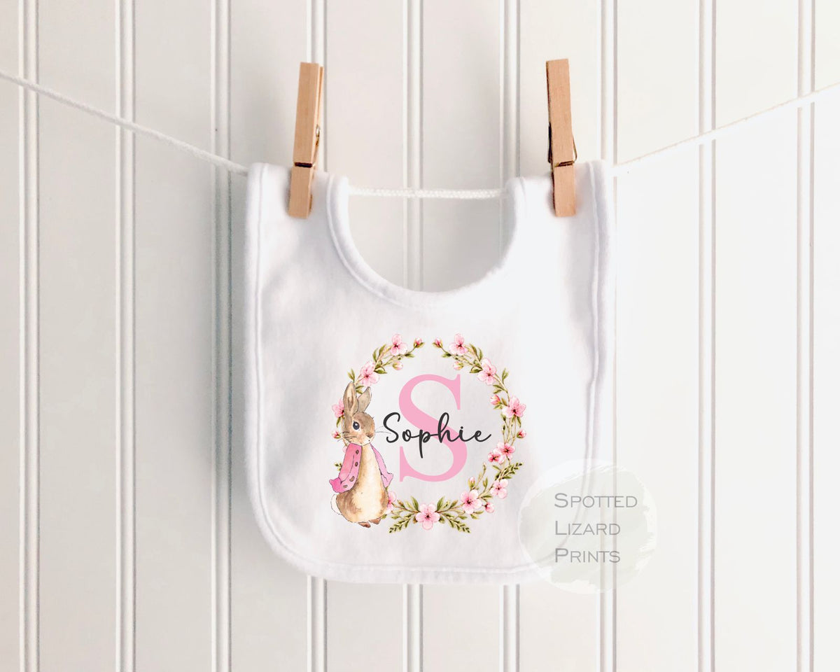 Personalised Peter Rabbit Baby Vest, Sleepsuit or Bib | Custom Name & Initial | Floral Bunny Baby Gift | New Baby Girl Gift