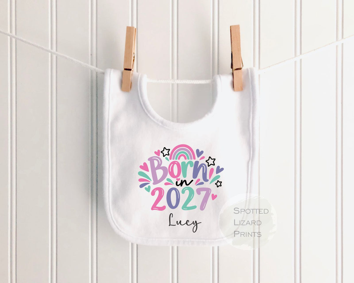 Personalised Born in 2027 Baby Vest, Sleepsuit or Bib | New Baby Gift | Custom Name Rainbow Baby Outfit | 2027 Baby Girl Gift