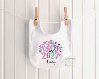 Personalised Born in 2027 Baby Vest, Sleepsuit or Bib | New Baby Gift | Custom Name Rainbow Baby Outfit | 2027 Baby Girl Gift