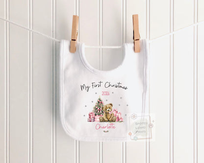 Personalised First Christmas Baby outfit- My First Christmas Sleepsuit or Vest  - Teddy PINK