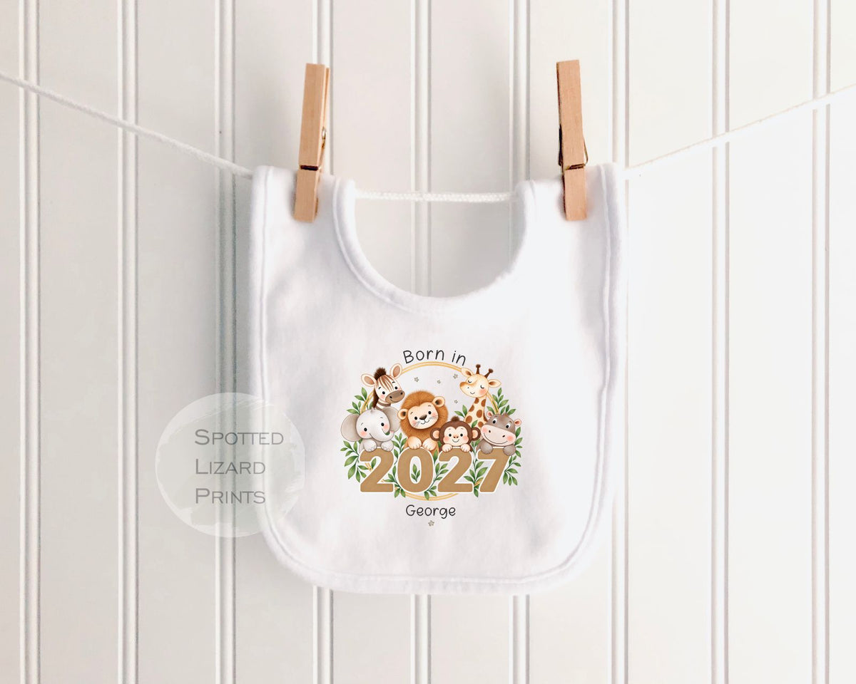 Personalised Born in 2027 Baby Outfit, Safari Animal baby grow, New Baby Arrival Rompersuit, Newborn Baby Gift Baby Grow Personalised