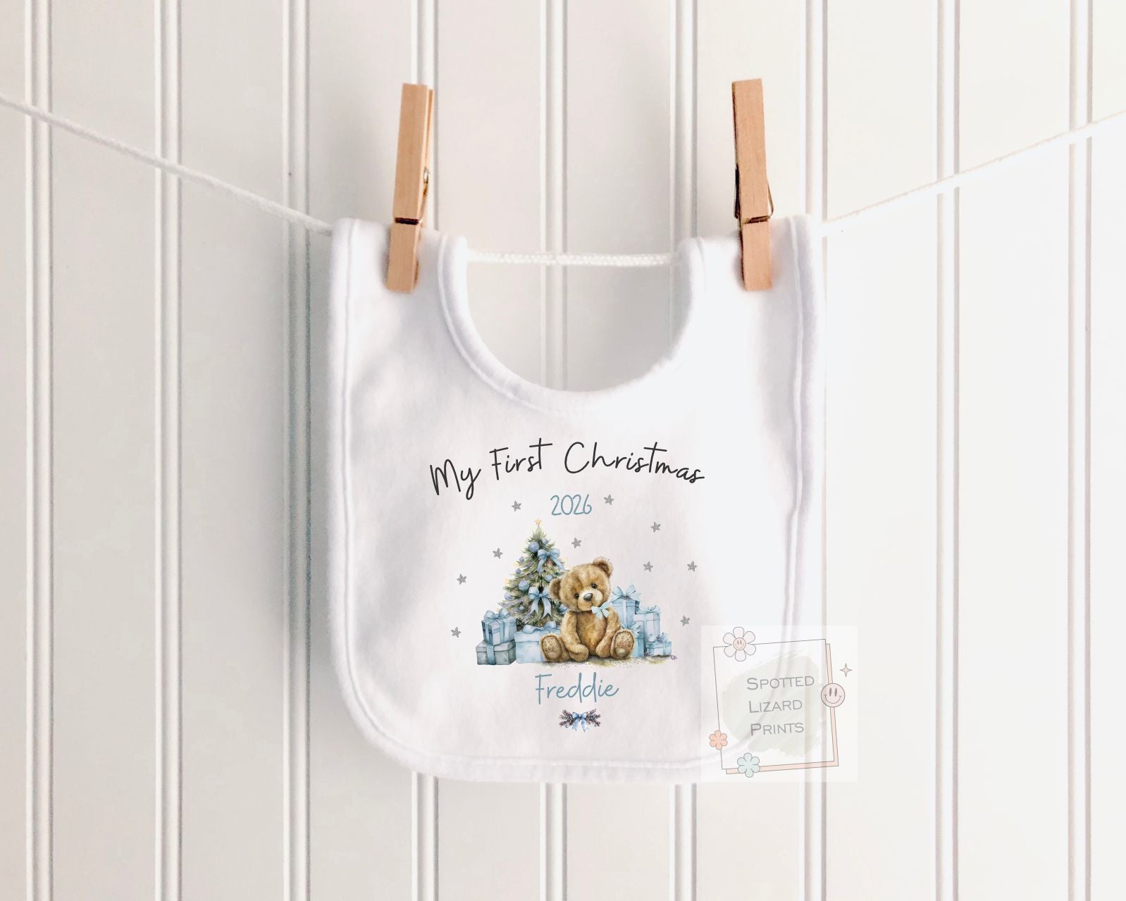 Personalised First Christmas Baby Outfit- My First Christmas Sleepsuit or Vest - 1st Xmas Teddy - BLUE