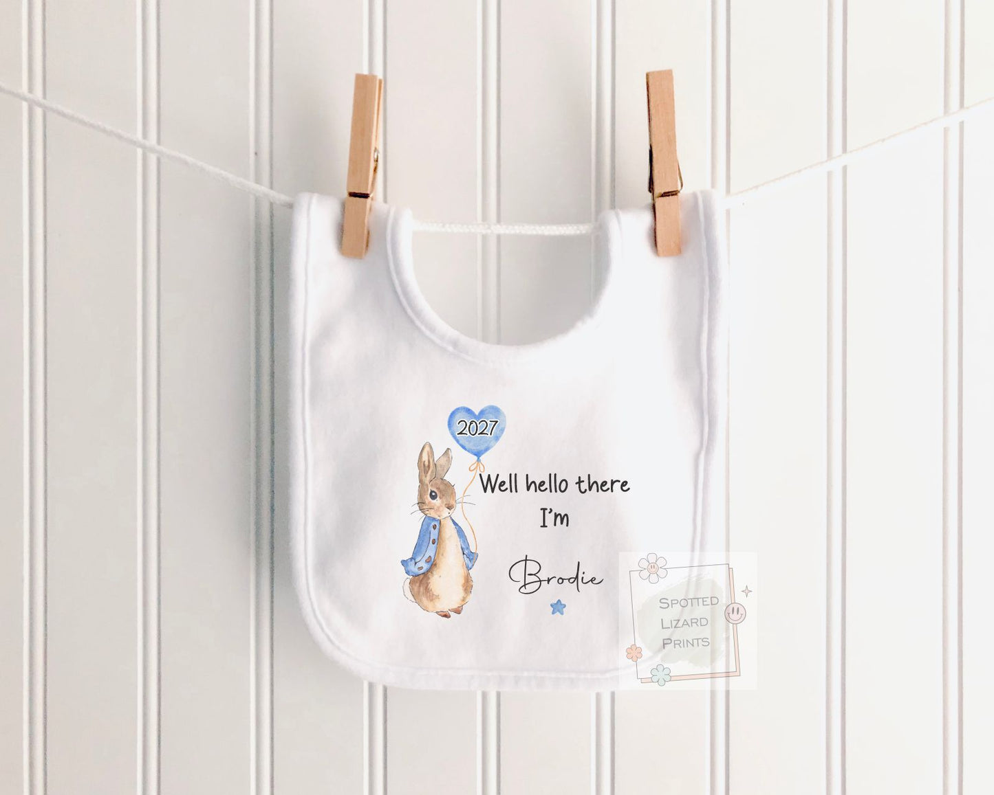 Personalised Peter Rabbit Born in 2027 Baby Vest, Baby Sleepsuit- Hello there I'm, New Baby Coming home outfit - New Mum Gift