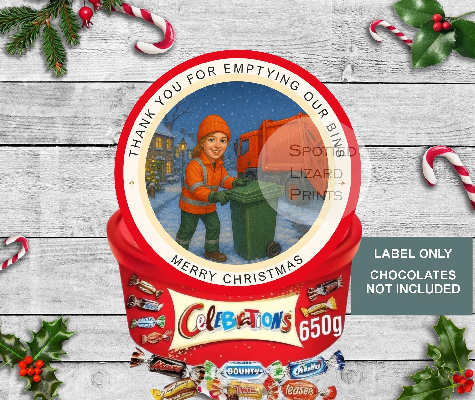 Bin lady Christmas Chocolate Tub Labels, Collection Stickers | Festive Sweet Tub Decoration Made to fit Celebrations, Heroes