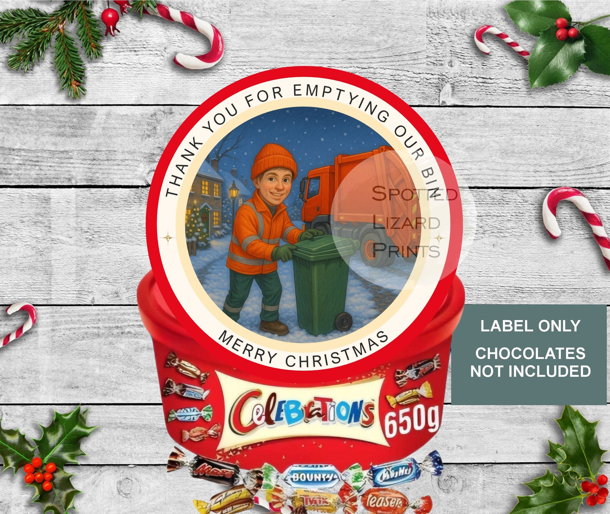 Bin man Christmas Chocolate Tub Labels, Collection Stickers | Festive Sweet Tub Decoration Made to fit Celebrations, Heroes