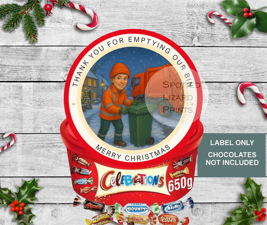 Bin man Christmas Chocolate Tub Labels, Collection Stickers | Festive Sweet Tub Decoration Made to fit Celebrations, Heroes