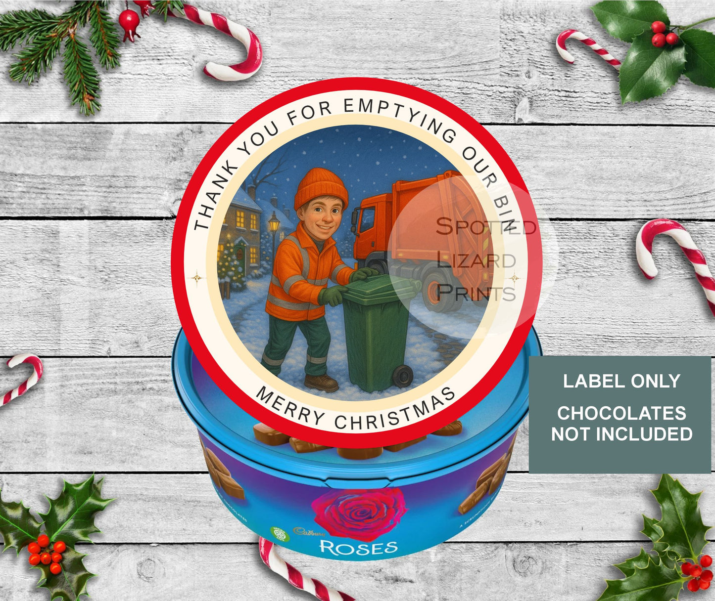 Bin man  Christmas Chocolate Tub Labels, Collection Stickers | Festive Sweet Tub Decoration Made to fit Celebrations, Heroes