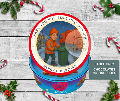 Bin man  Christmas Chocolate Tub Labels, Collection Stickers | Festive Sweet Tub Decoration Made to fit Celebrations, Heroes