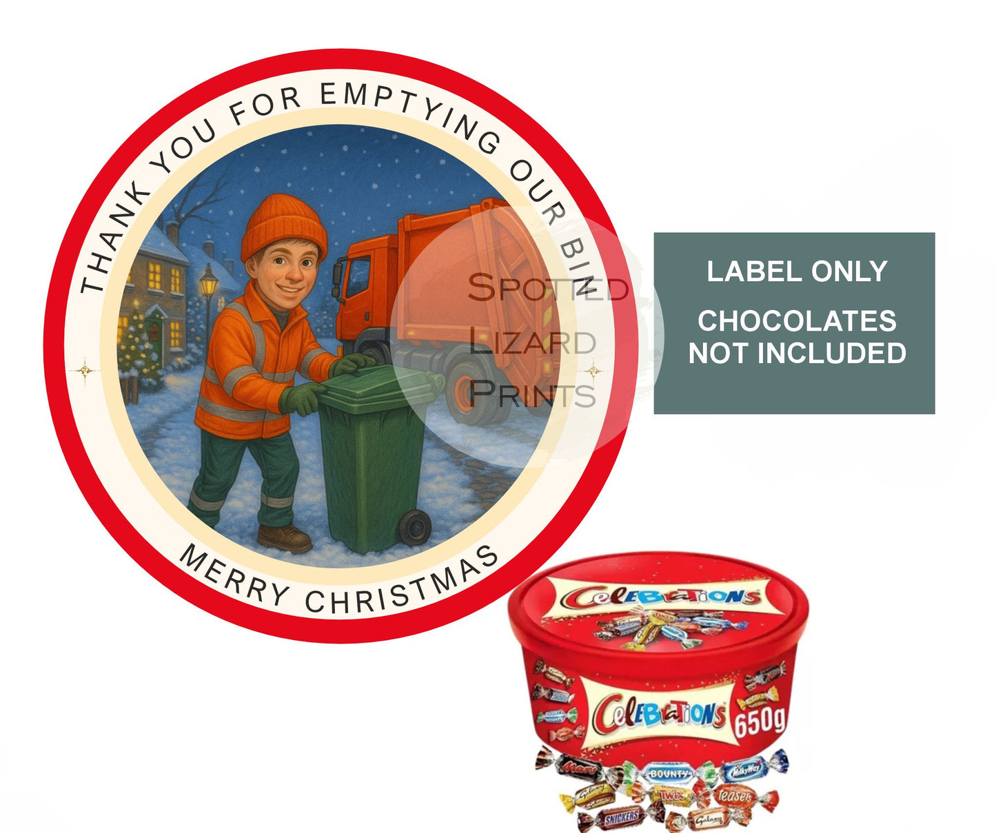 Bin man  Christmas Chocolate Tub Labels, Collection Stickers | Festive Sweet Tub Decoration Made to fit Celebrations, Heroes