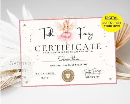 EDITABLE Tooth Fairy Certificate | First Tooth Lost | Kids Tooth Fairy | Lost Tooth Editable Template Printable Instant Download, Canva