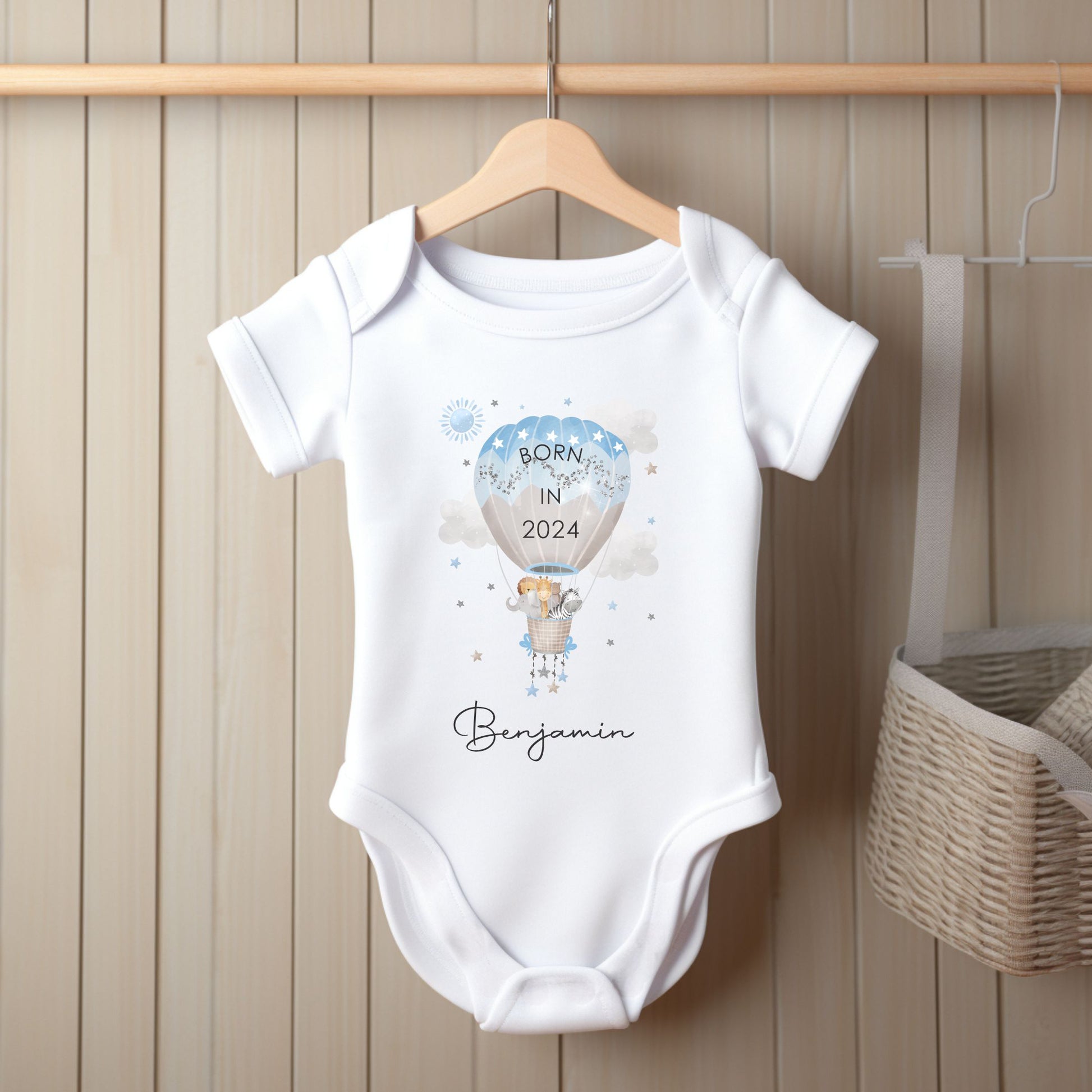 born in 2024 personalised baby clothing with hot air balloon