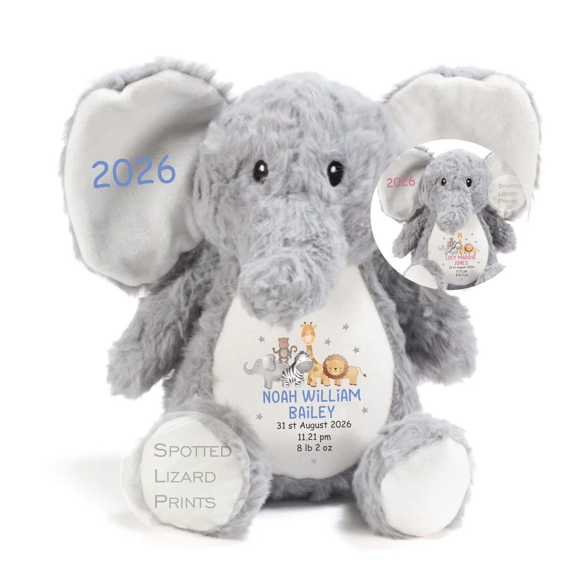 Personalised Born in 2026 Elephant Soft Toy Name, Weight and Time of Birth - Baby Shower - Baby Gift - Baby Girl Baby Boy
