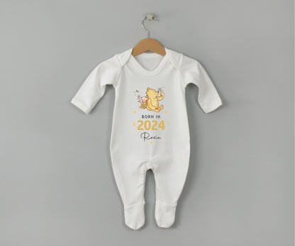 Born in 2024 personalised with a name baby sleepsuit with winnie the pooh